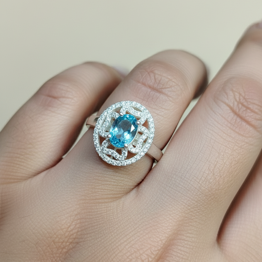 Natural Blue Topaz and Zircon Ring in sterling Silver For Women