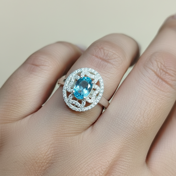 Natural Blue Topaz and Zircon Ring in sterling Silver For Women