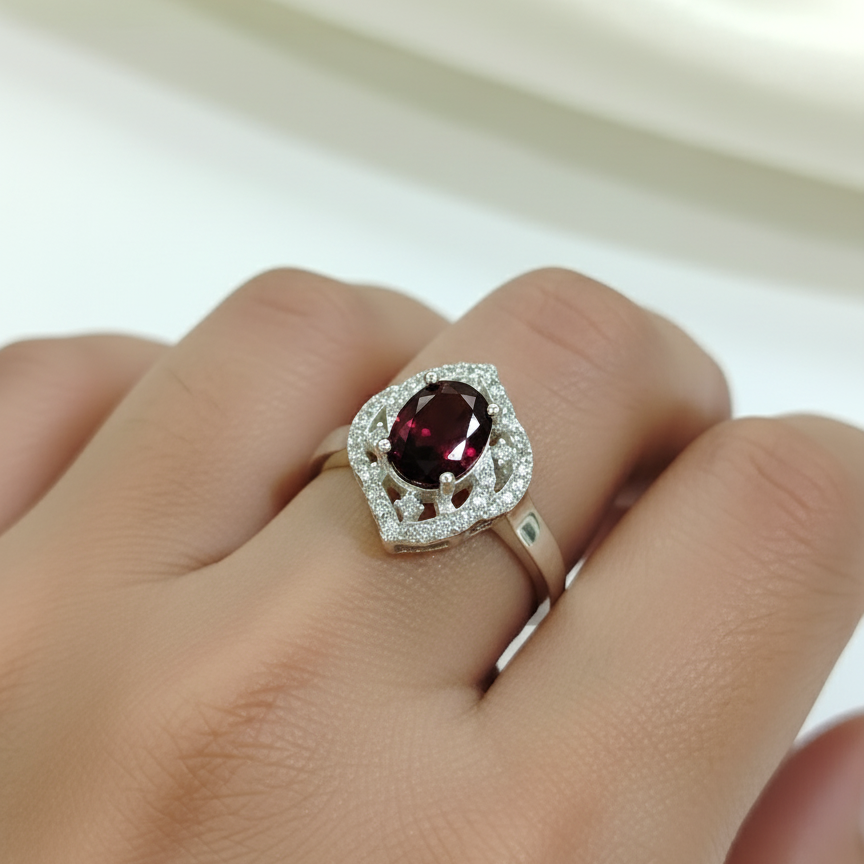 Natural Rhodolite Garnet and Zircon Sterling Silver Statement Ring