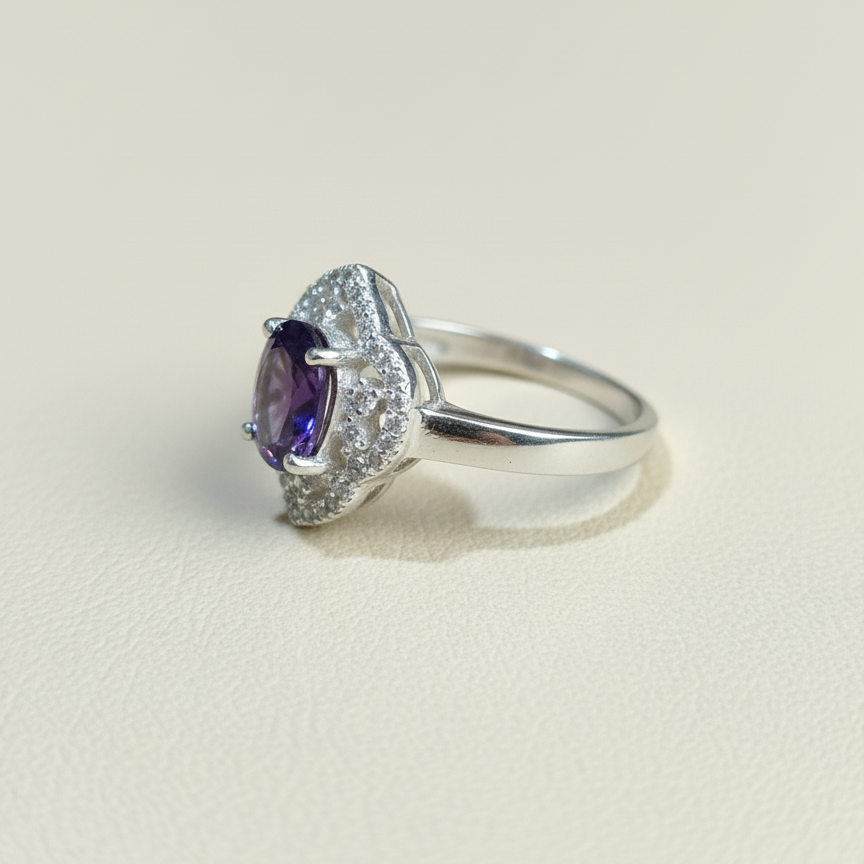 Natural Amethyst and Zircon Sterling Silver Statement Ring