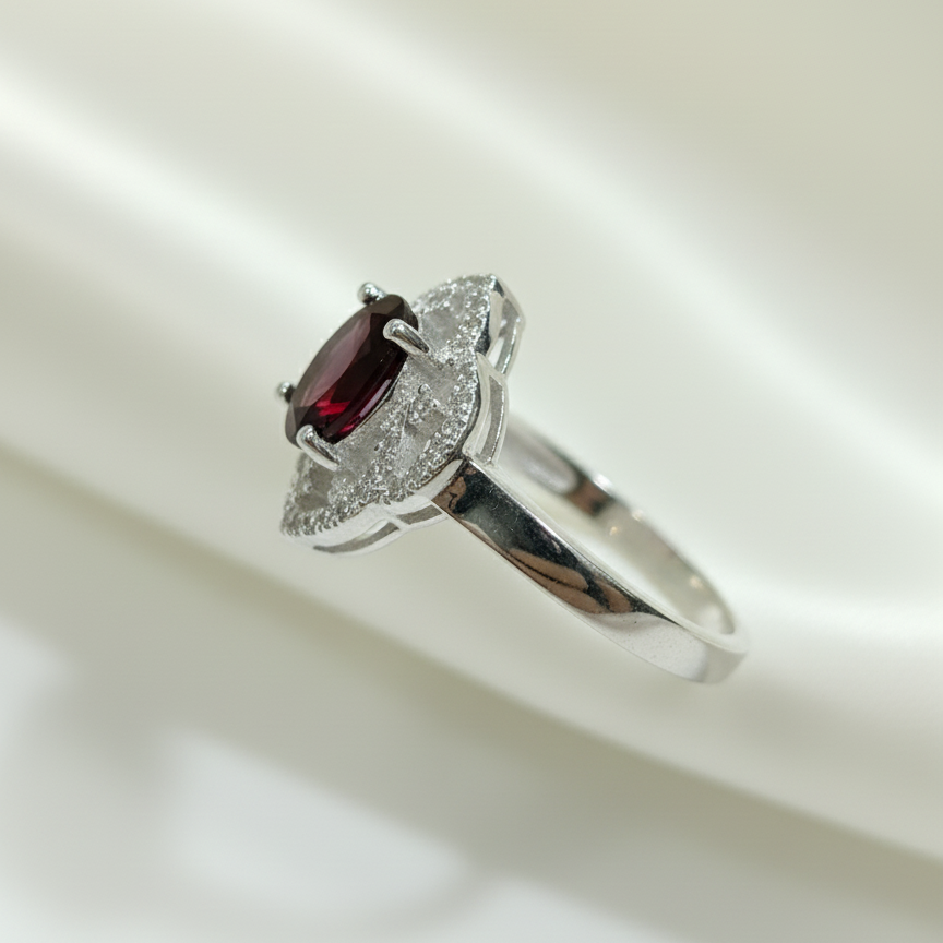 Natural Rhodolite Garnet and Zircon Sterling Silver Statement Ring
