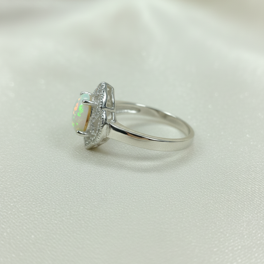 Elegant Ethiopian Opal and Zircon Ring for Women in Silver