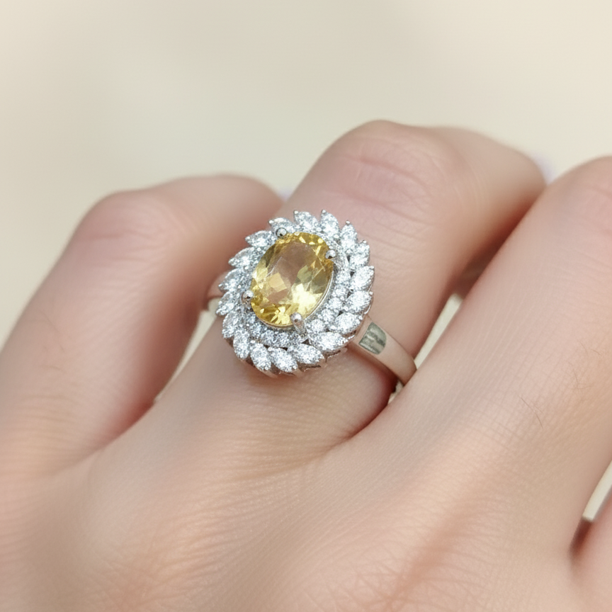 Natural Citrine and Zircon Sterling Silver Ring For Women