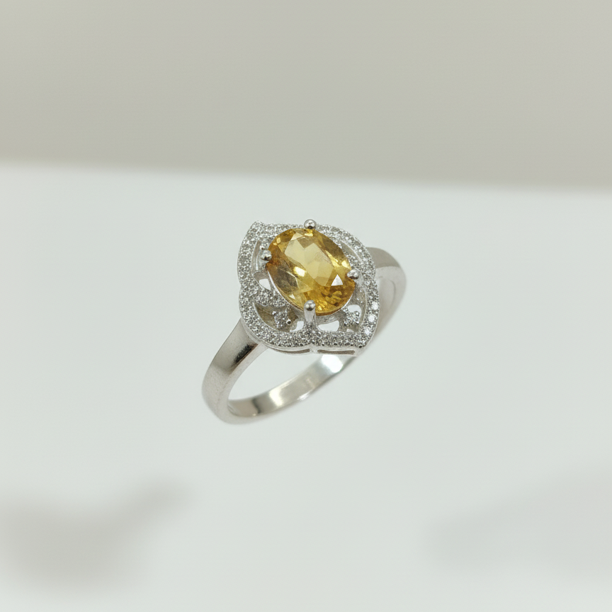 Natural Citrine and Zircon Sterling Silver Ring For Women