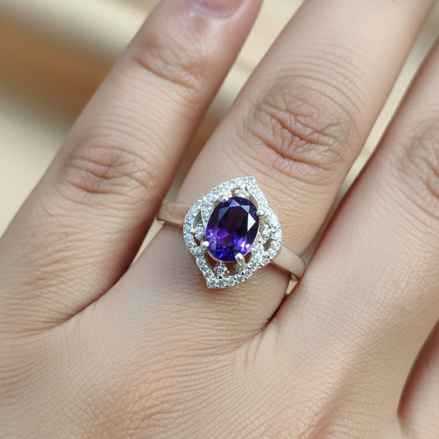 Natural Amethyst and Zircon Sterling Silver Statement Ring