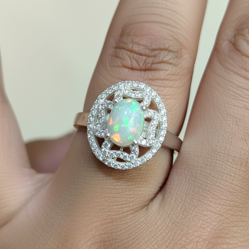 Natural Ethiopian Opal and Zircon Sterling Silver Ring For Women