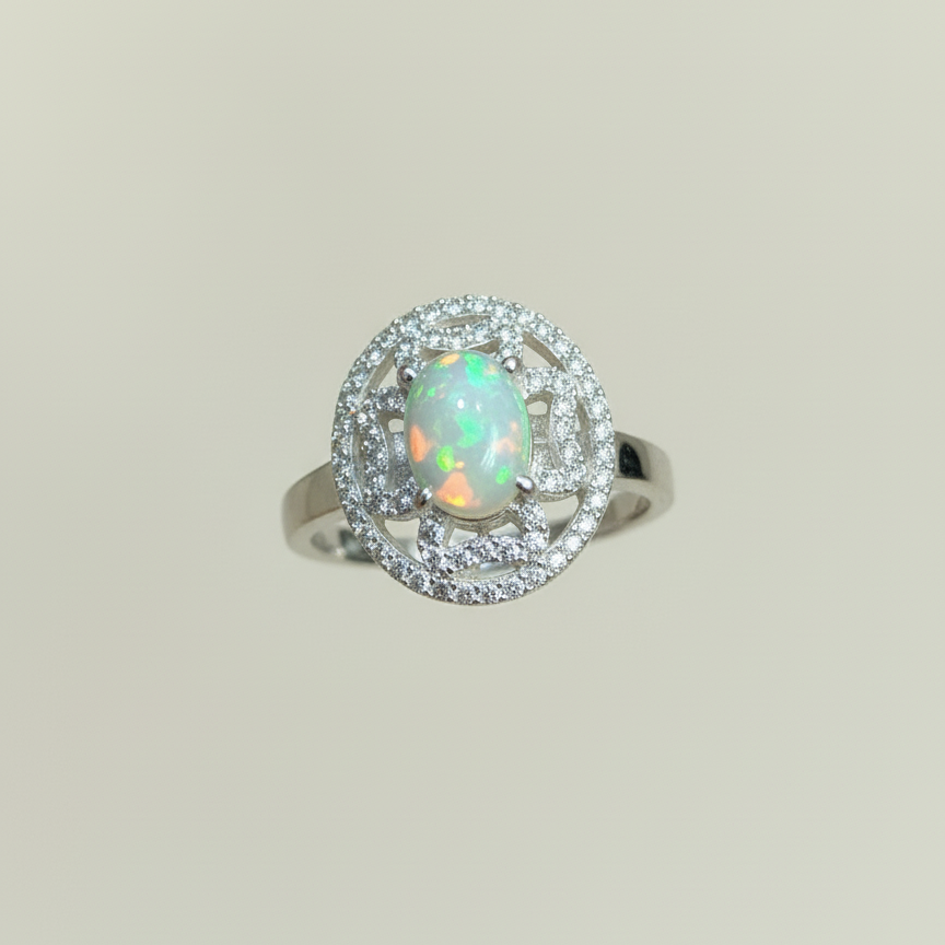 Natural Ethiopian Opal and Zircon Sterling Silver Ring For Women