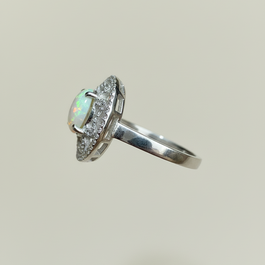 Natural Ethiopian Opal and Zircon Sterling Silver Ring For Women