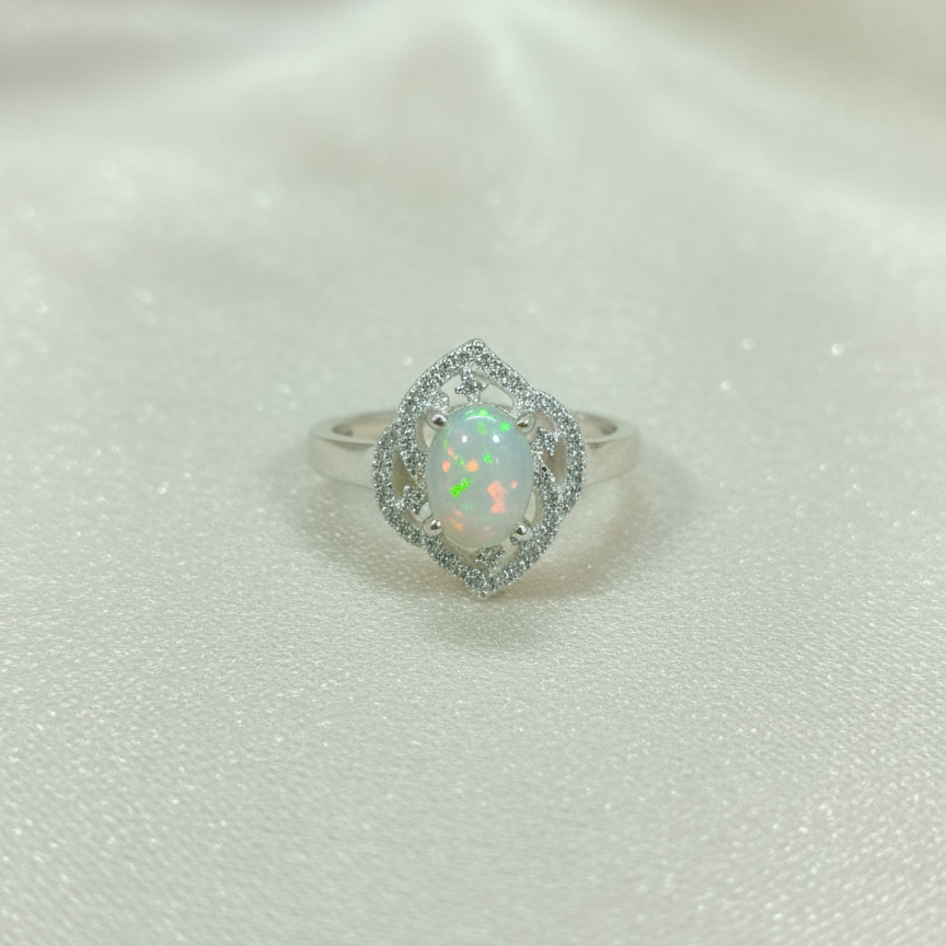 Elegant Ethiopian Opal and Zircon Ring for Women in Silver