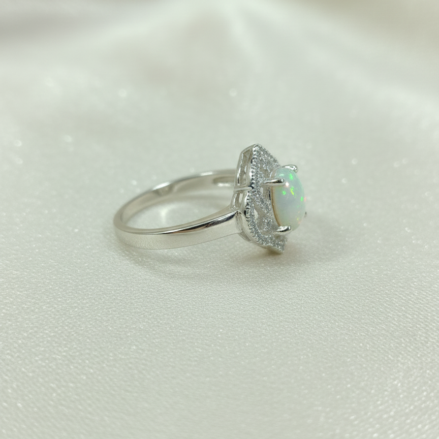 Elegant Ethiopian Opal and Zircon Ring for Women in Silver