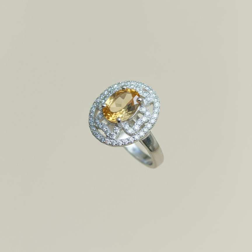 Natural Citrine and Zircon Sterling Silver Ring For Women