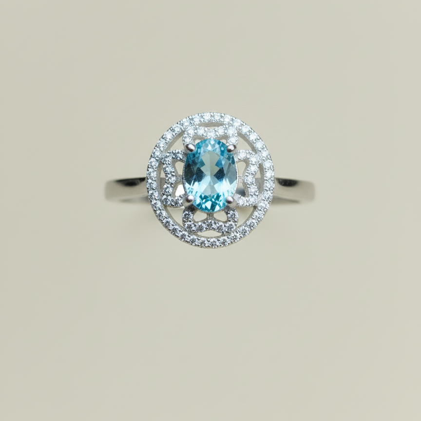 Natural Blue Topaz and Zircon Ring in sterling Silver For Women