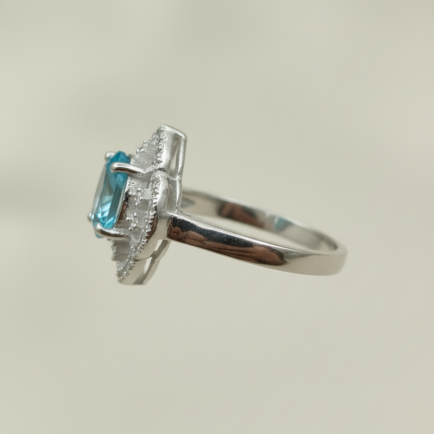 Natural Blue Topaz and Zircon Ring in sterling Silver For Women