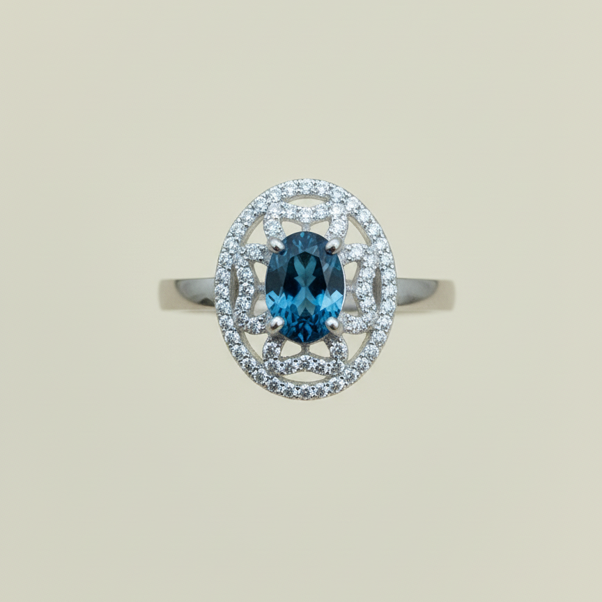 Natural London Blue Topaz and Zircon Ring in sterling Silver For Women