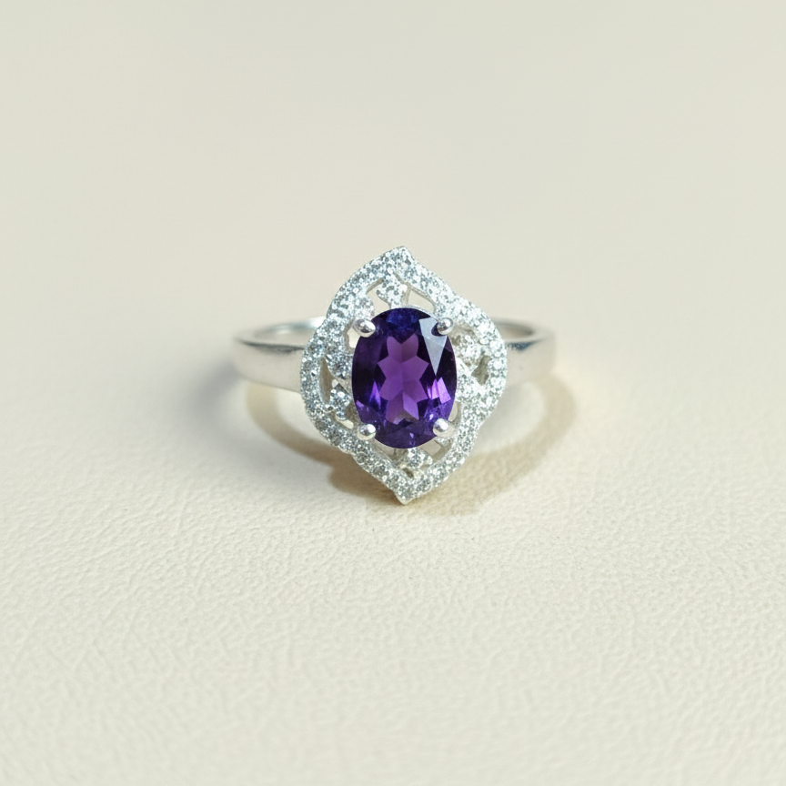 Natural Amethyst and Zircon Sterling Silver Statement Ring