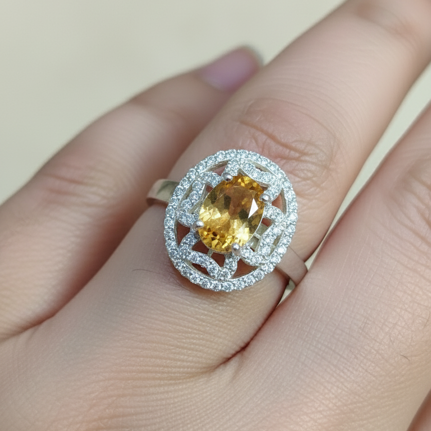 Natural Citrine and Zircon Sterling Silver Ring For Women