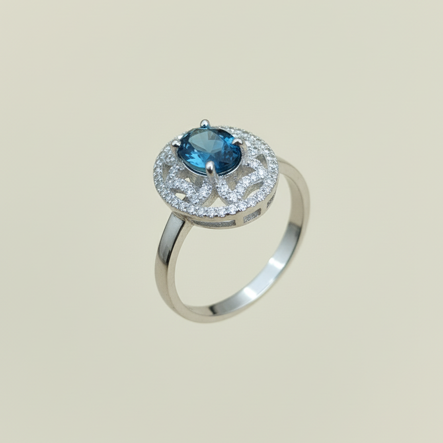 Natural London Blue Topaz and Zircon Ring in sterling Silver For Women