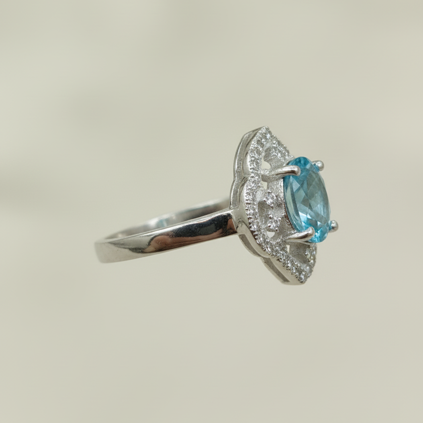 Natural Blue Topaz and Zircon Ring in sterling Silver For Women