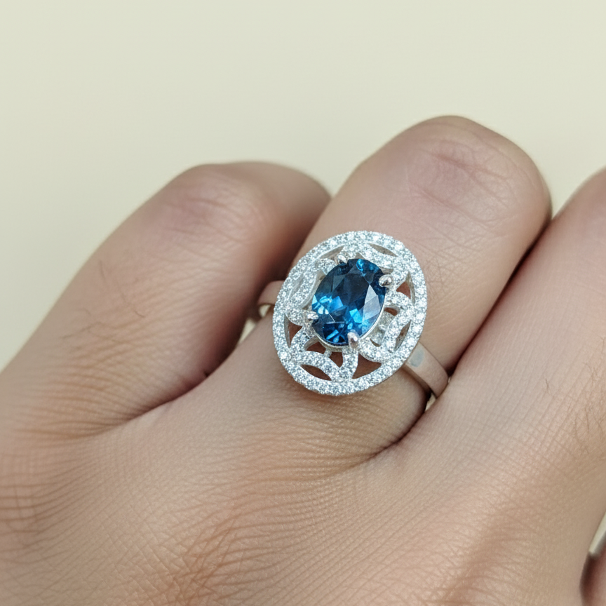 Natural London Blue Topaz and Zircon Ring in sterling Silver For Women