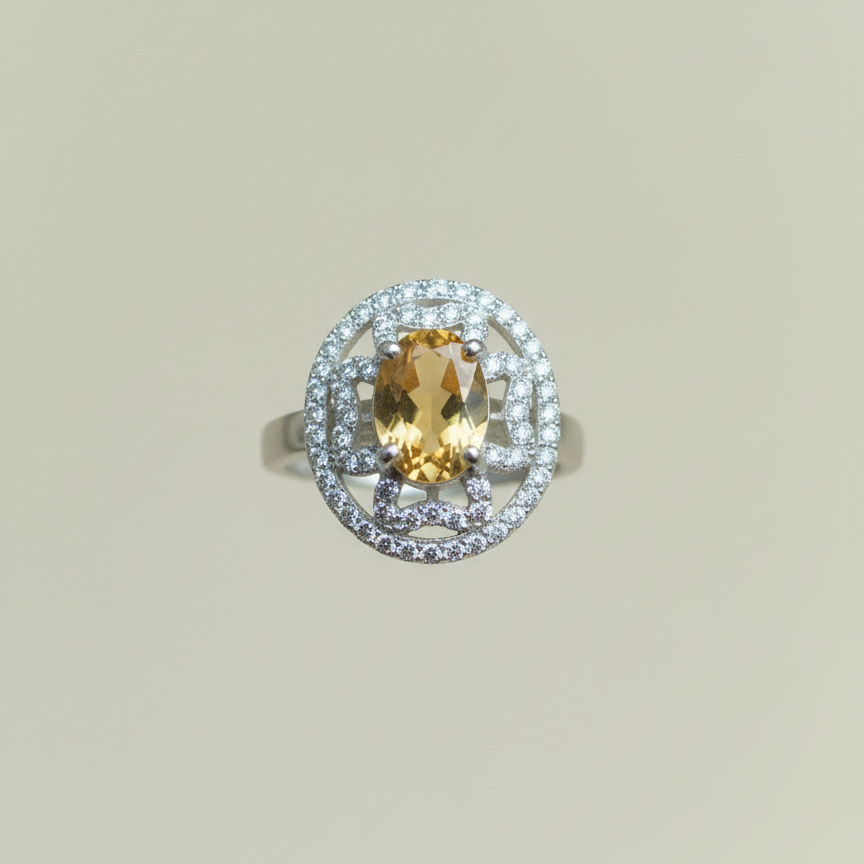 Natural Citrine and Zircon Sterling Silver Ring For Women