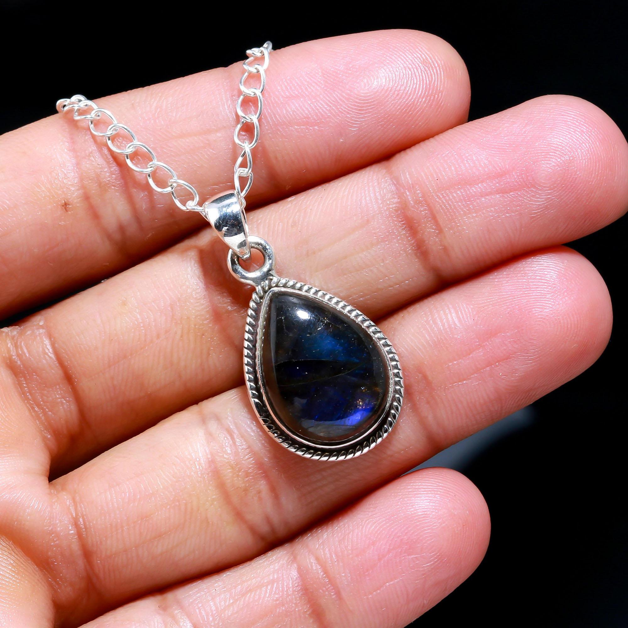 Natural Fiery Labradorite 925 Sterling Silver Pendant