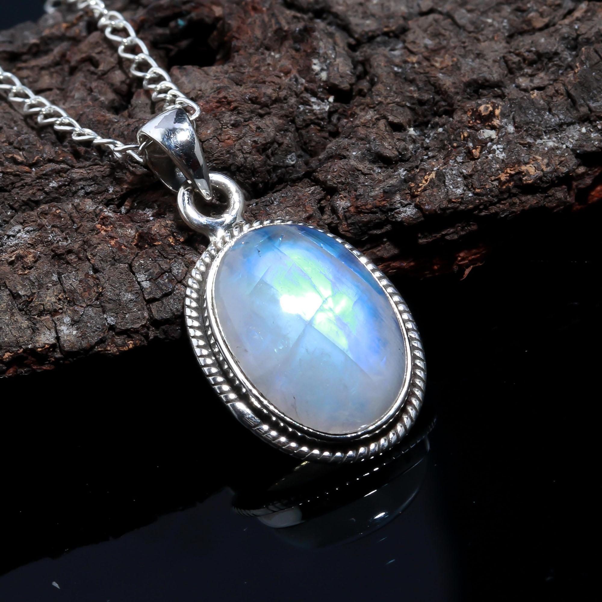 Genuine Rainbow Moonstone 925 Sterling Silver Necklace