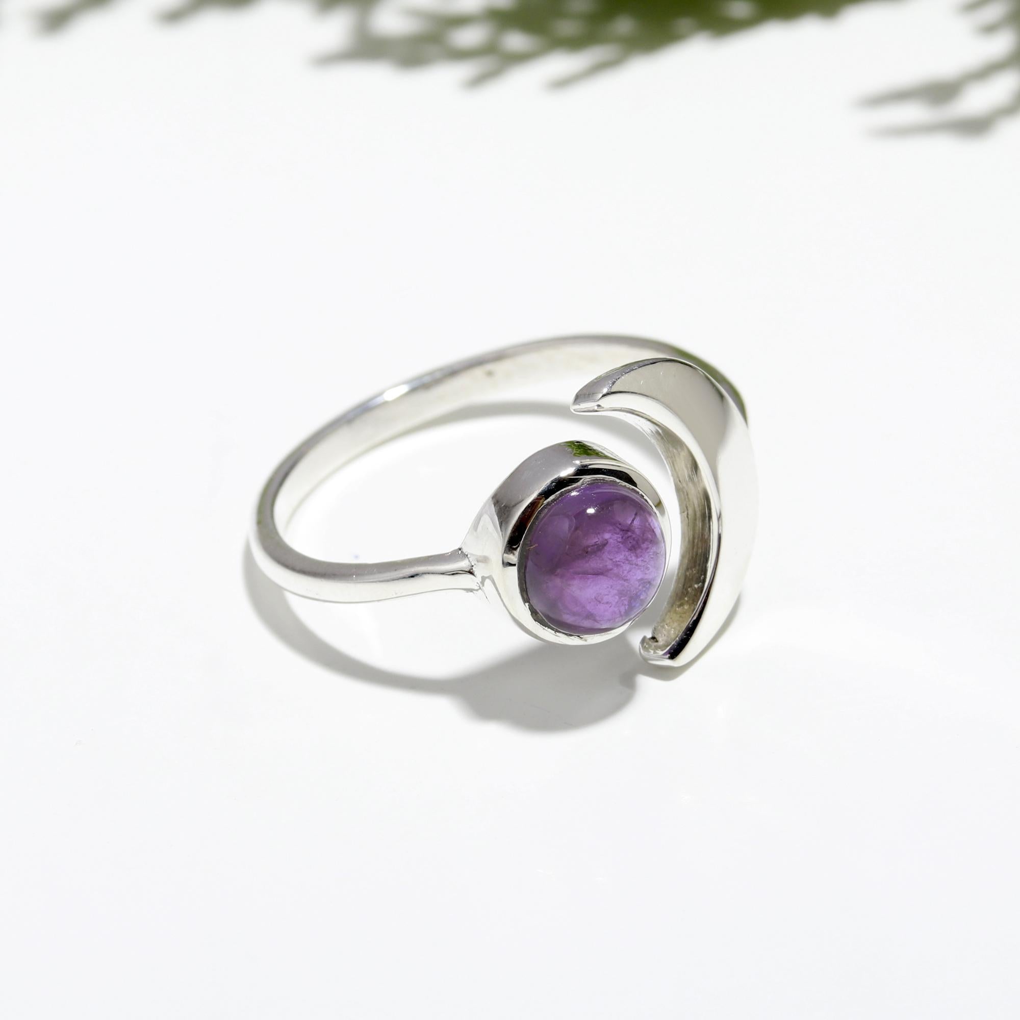 A Genuine Amethyst Moon Adjustable Solid Silver Ring For Spiritual Awareness