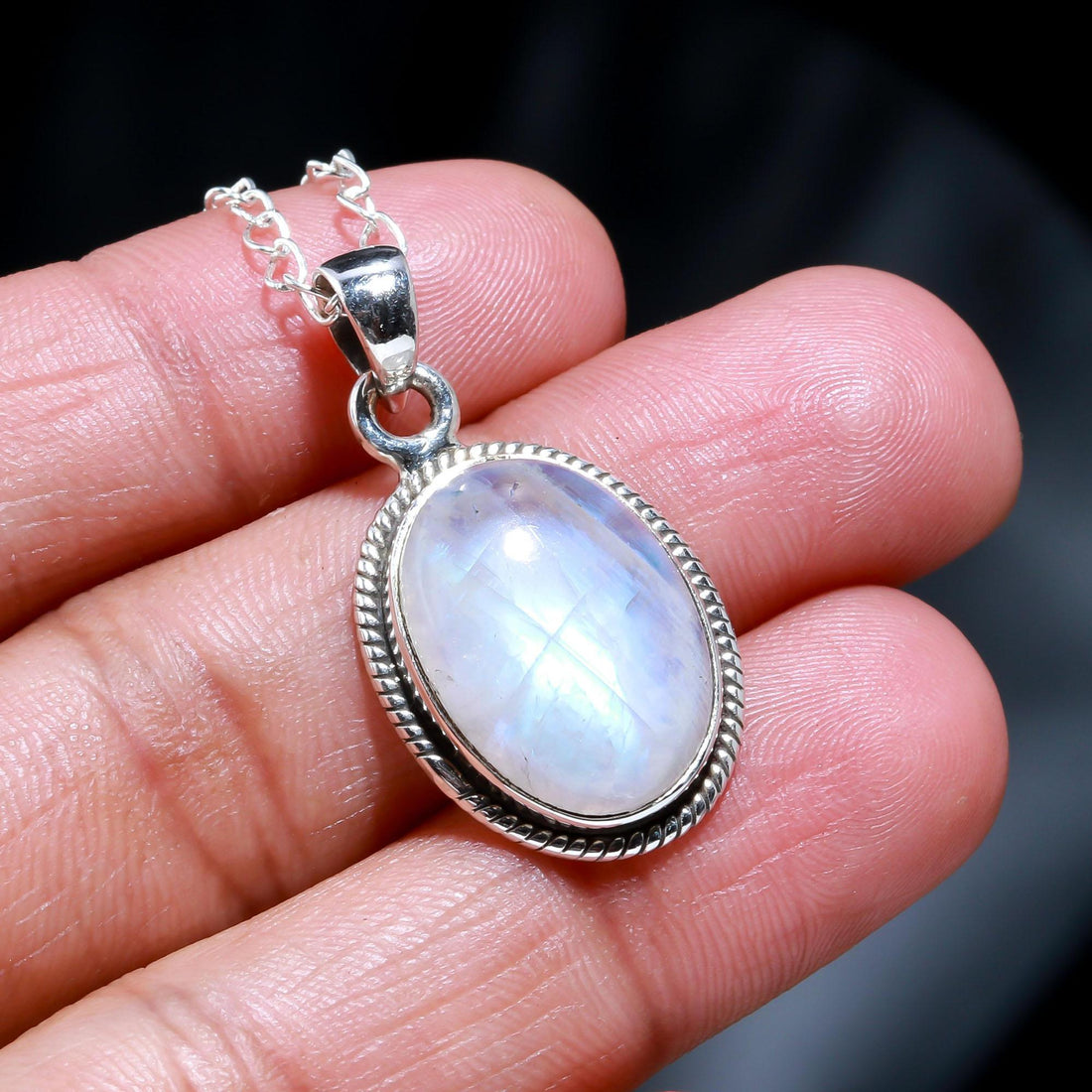 Genuine Rainbow Moonstone 925 Sterling Silver Necklace