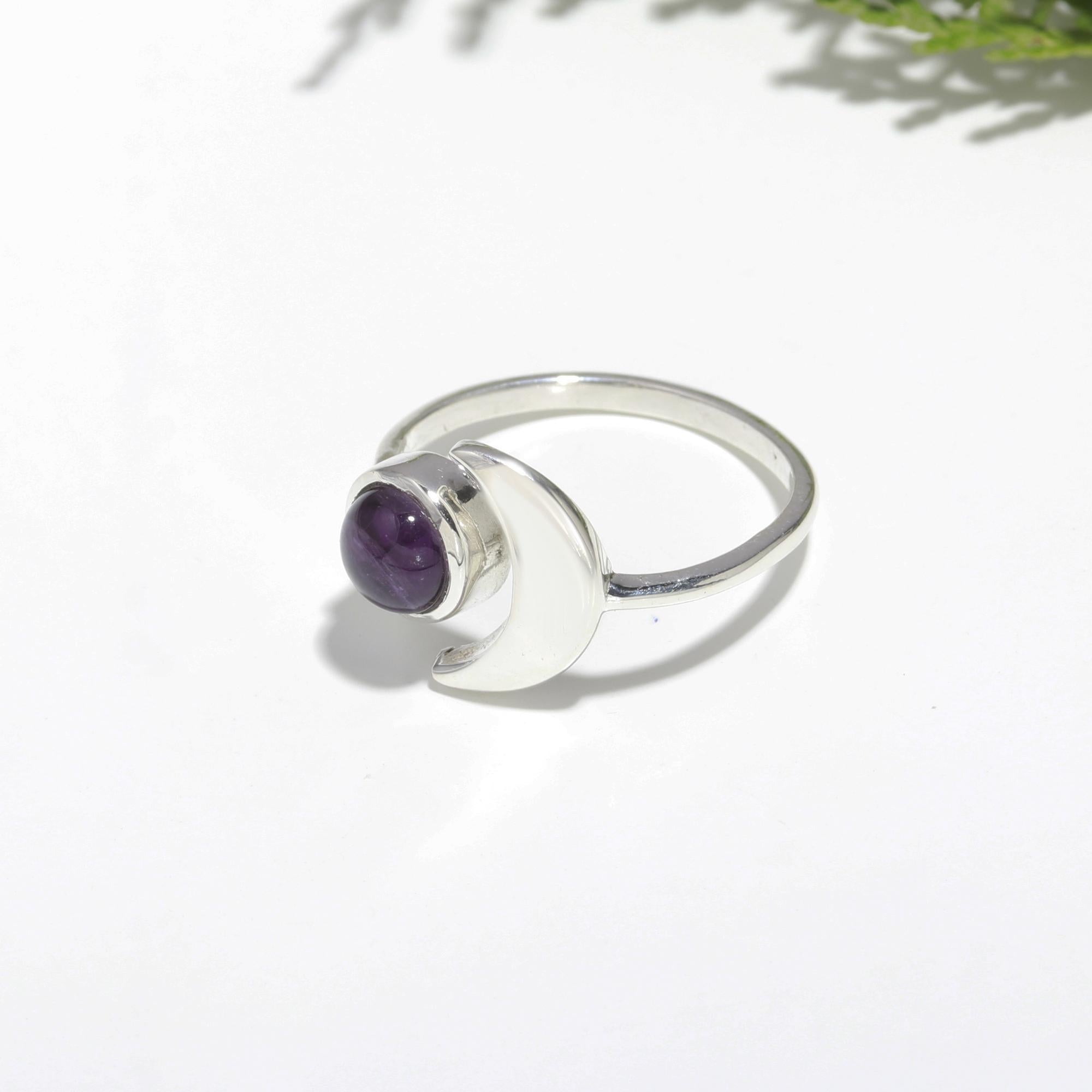 A Genuine Amethyst Moon Adjustable Solid Silver Ring For Spiritual Awareness