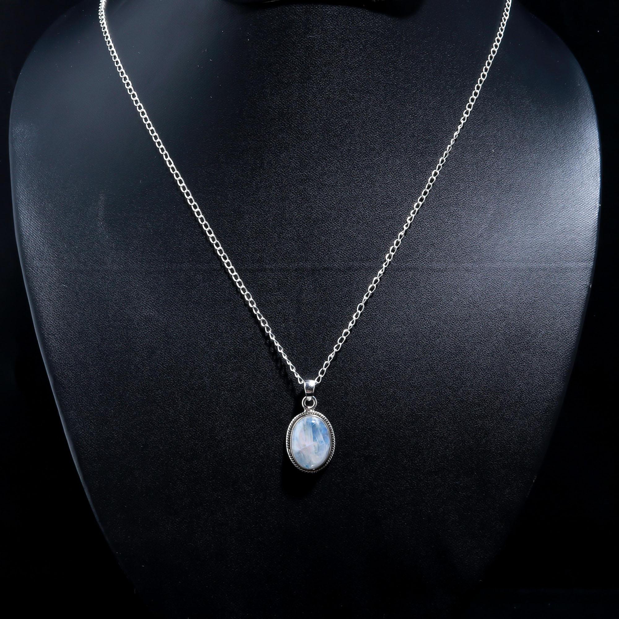 Genuine Rainbow Moonstone 925 Sterling Silver Necklace