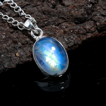 Genuine Rainbow Moonstone 925 Sterling Silver Necklace