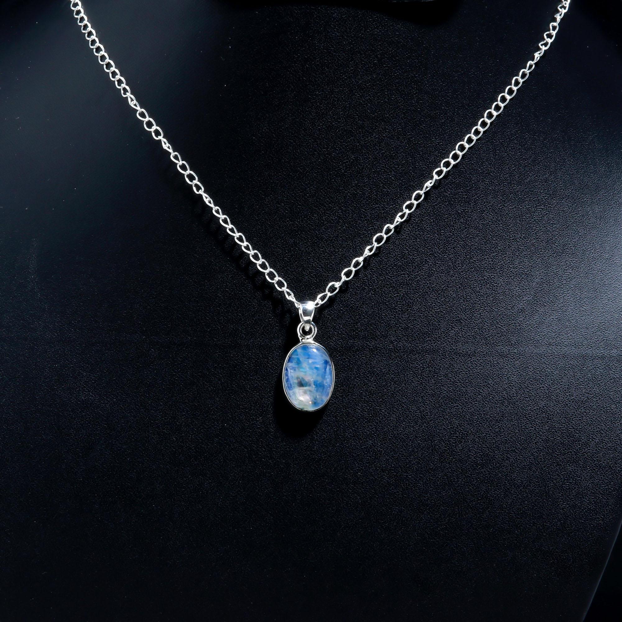 Genuine Rainbow Moonstone 925 Sterling Silver Necklace