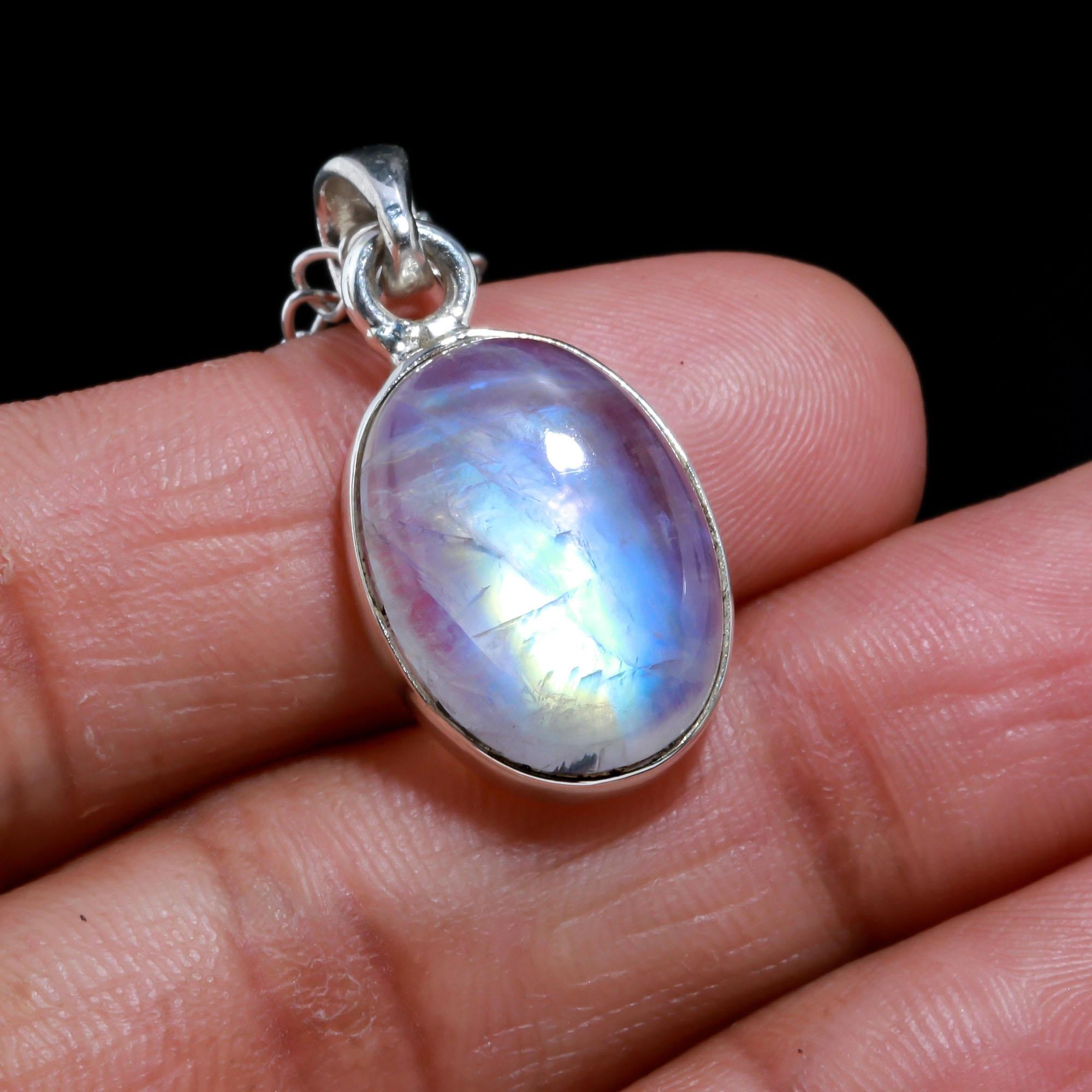 Genuine Rainbow Moonstone 925 Sterling Silver Necklace