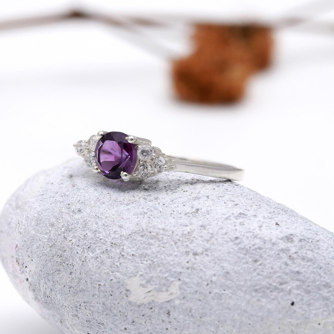 Genuine Amethyst with Zircon Sterling Silver Ring