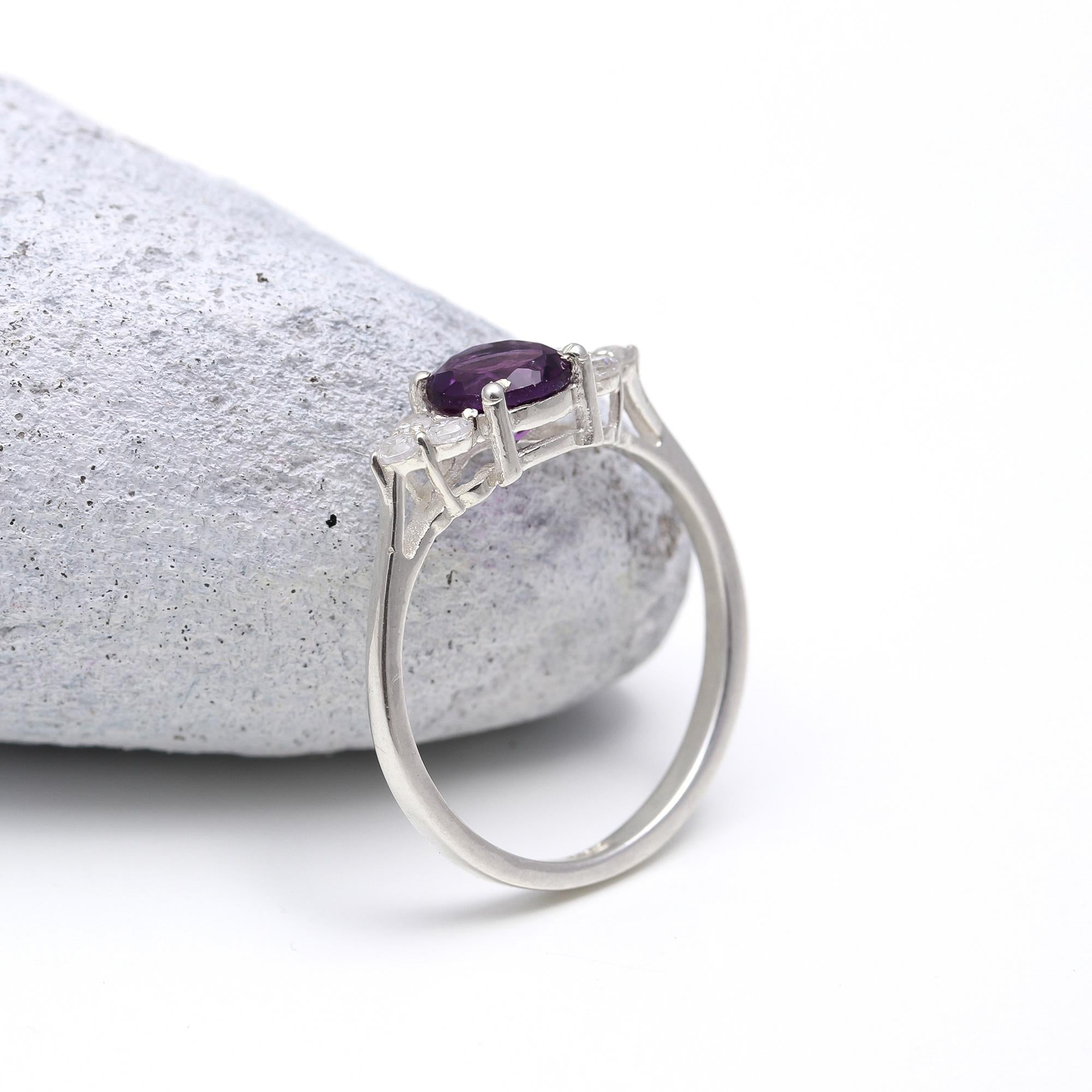 Genuine Amethyst with Zircon Sterling Silver Ring