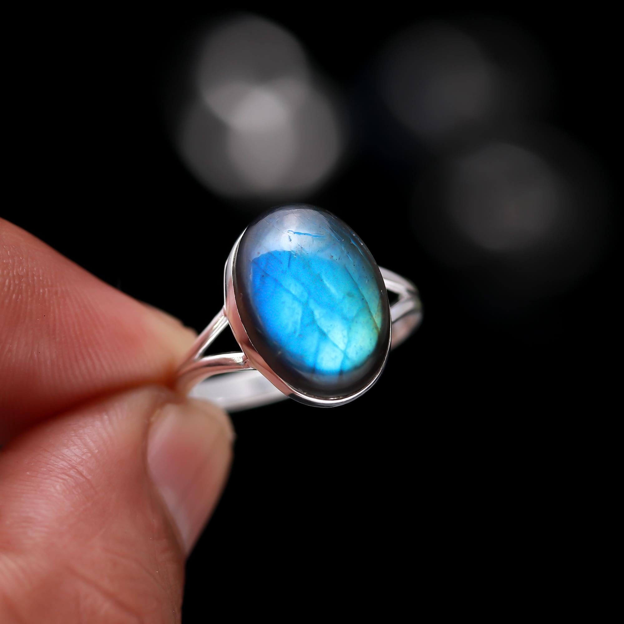 Genuine Labradorite Adjustable Solid Silver Ring For Emotional Balance and Creativity