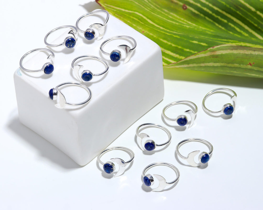 Genuine Lapis Lazuli Moon Ring in Solid Silver to fit all sizes