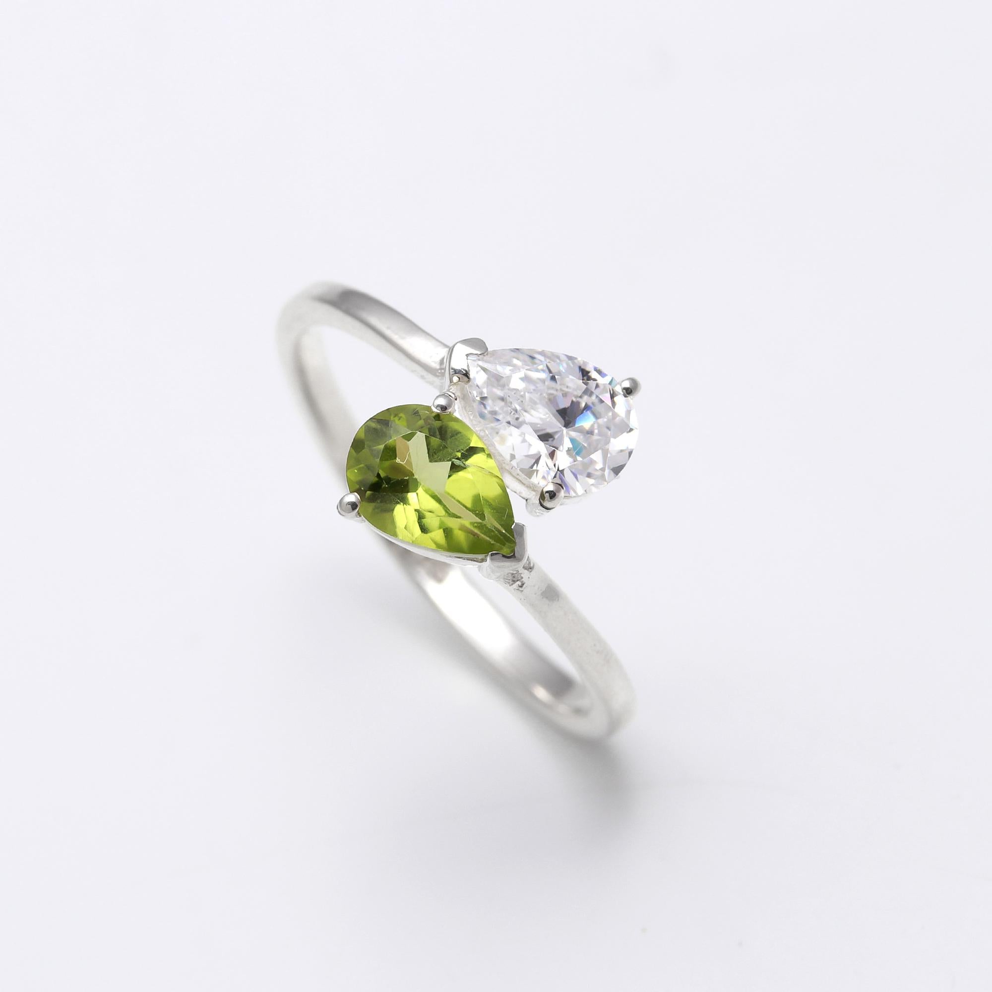 Genuine Peridot with Zircon Sterling Silver Ring