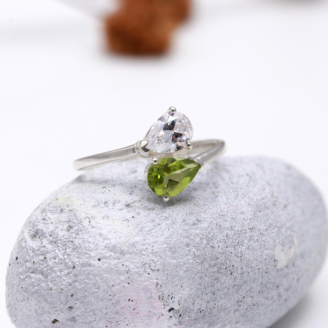 Genuine Peridot with Zircon Sterling Silver Ring