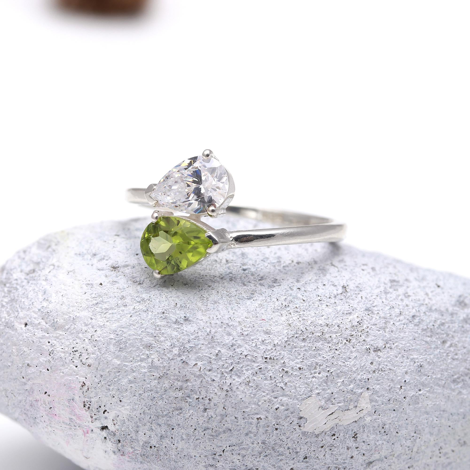 Genuine Peridot with Zircon Sterling Silver Ring