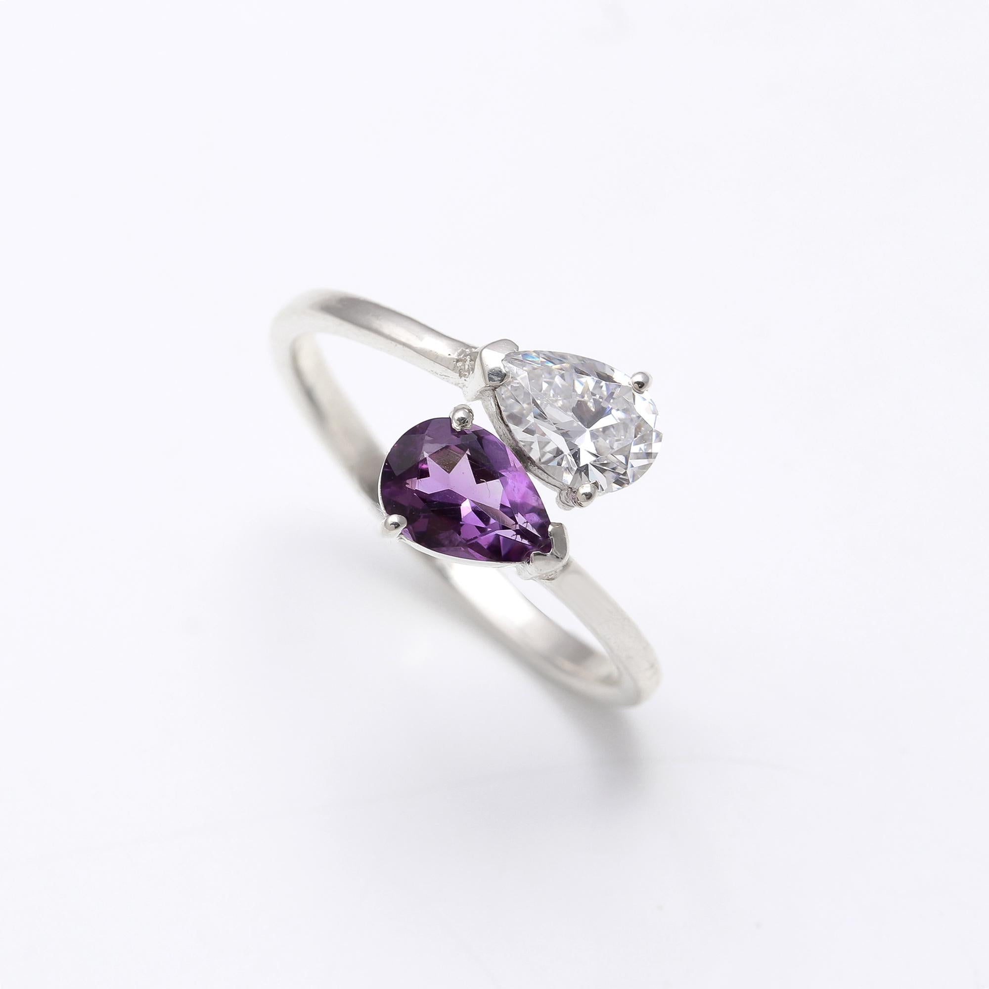 Natural Amethyst with Zircon Sterling Silver Ring