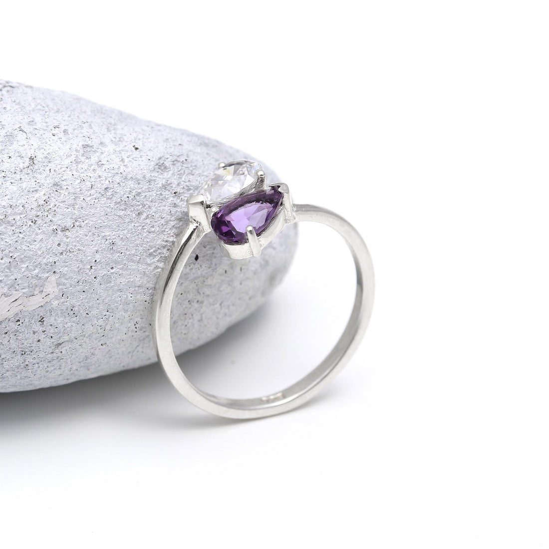 Natural Amethyst with Zircon Sterling Silver Ring