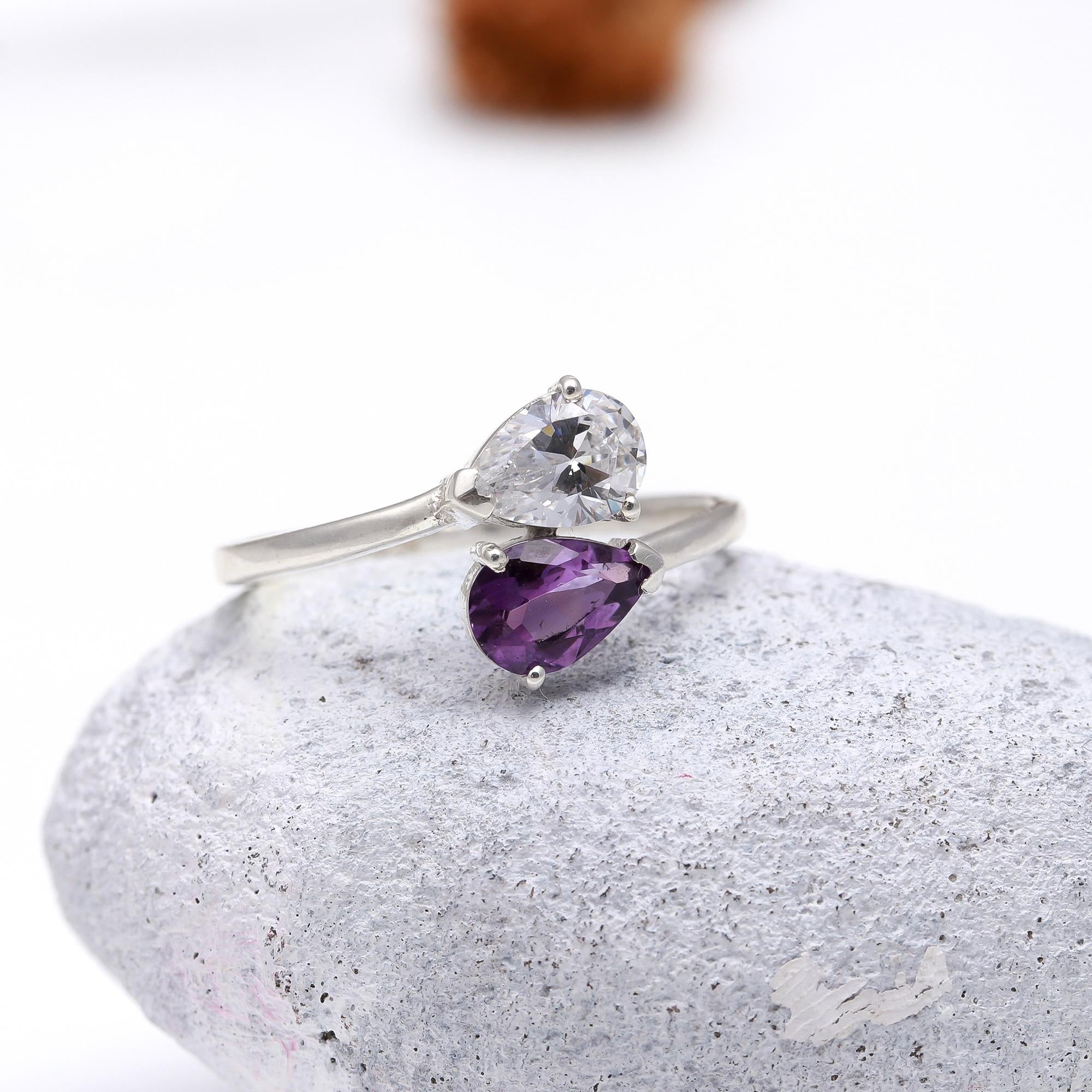 Natural Amethyst with Zircon Sterling Silver Ring