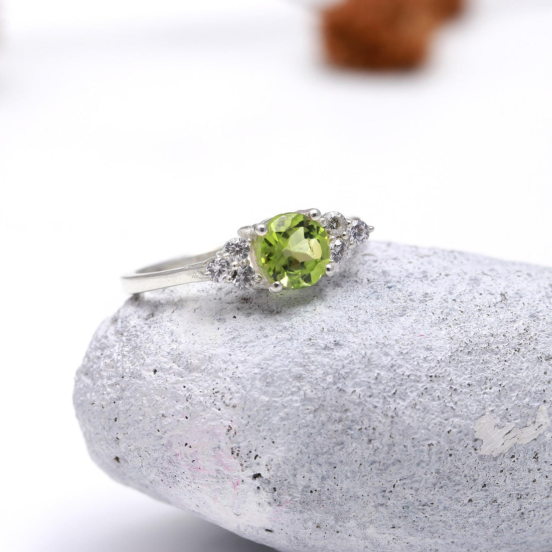 Natural Peridot with Zircon Sterling Silver Ring