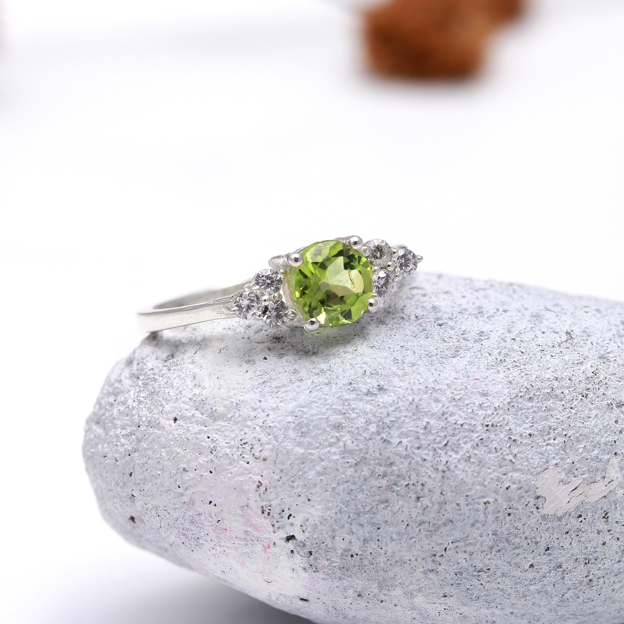 Natural Peridot with Zircon Sterling Silver Ring