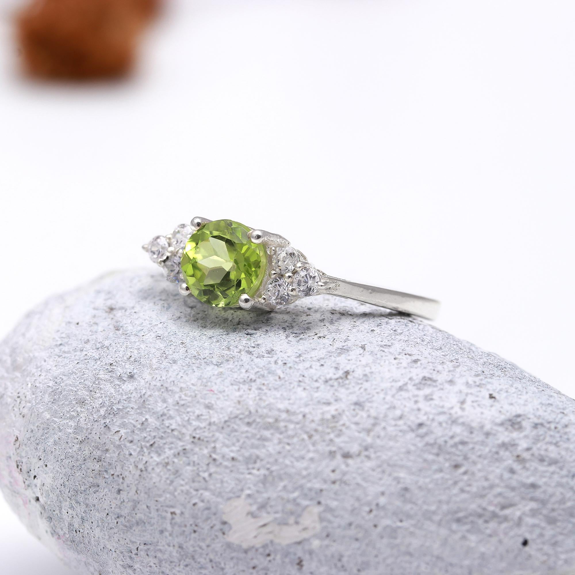 Natural Peridot with Zircon Sterling Silver Ring