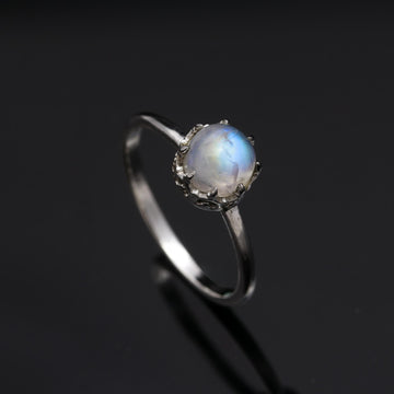 Natural Rainbow Moonstone Crown Sterling Silver Ring