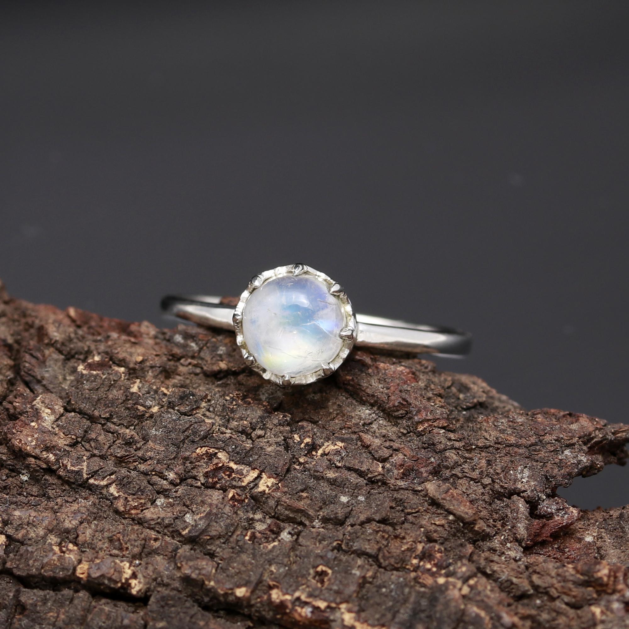 Natural Rainbow Moonstone Crown Sterling Silver Ring