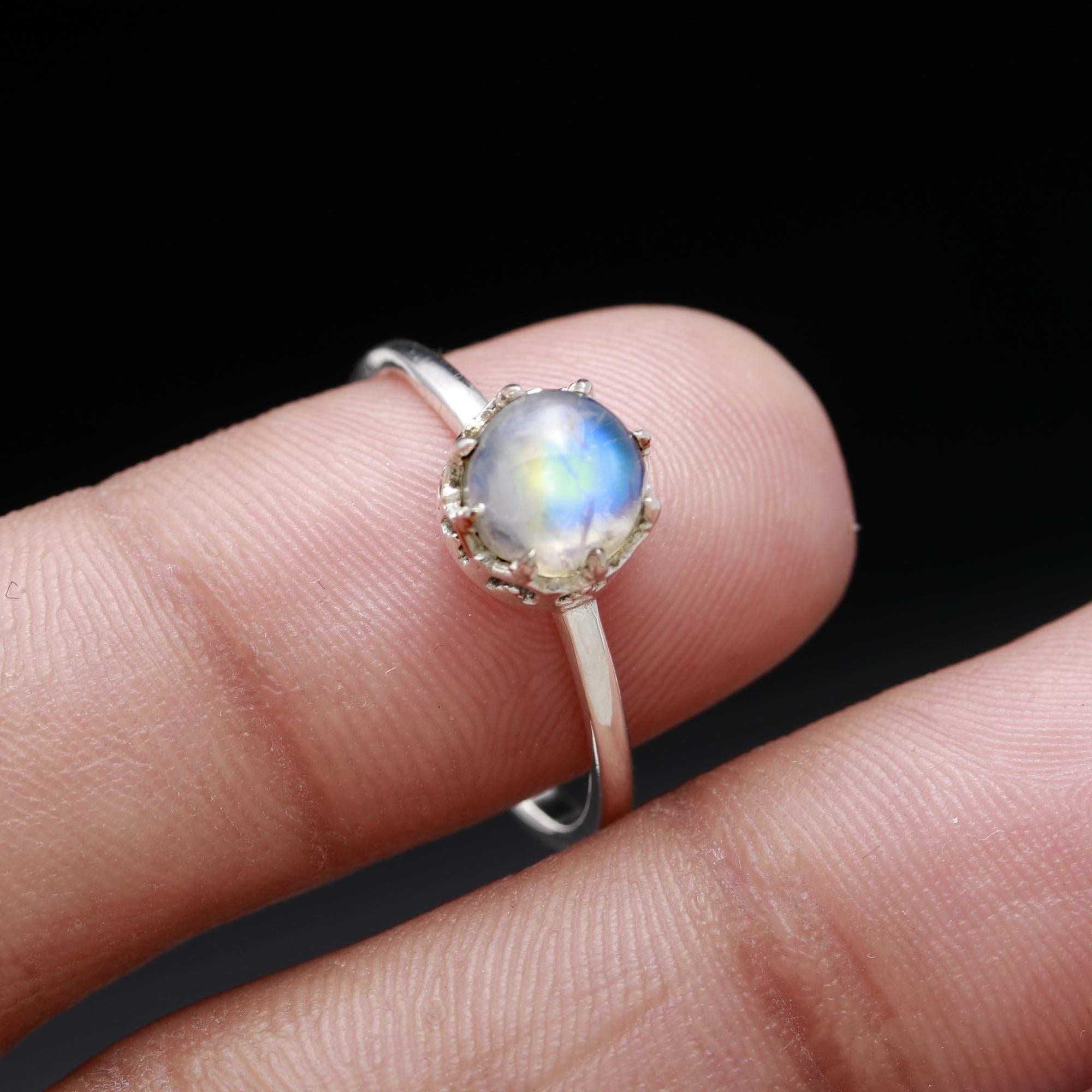 Natural Rainbow Moonstone Crown Sterling Silver Ring