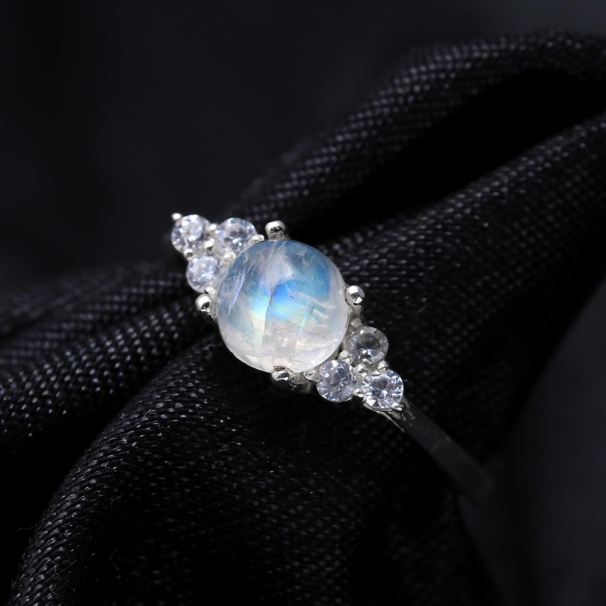 Natural Rainbow Moonstone with Zircon Sterling Silver Ring